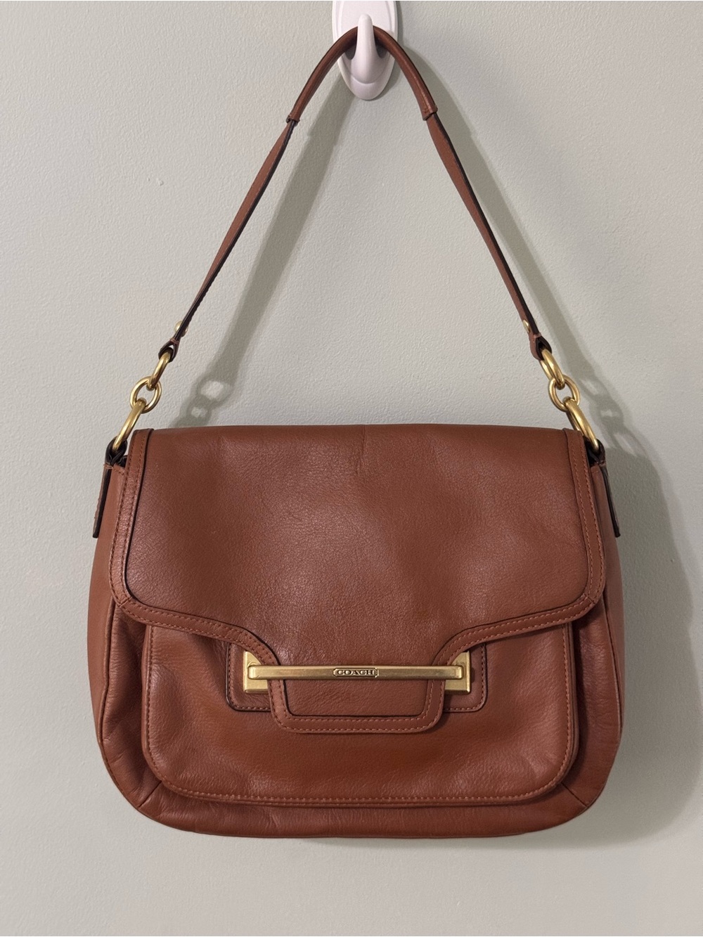 Coach Taylor Leather Flap Shoulder Bag (model F27481) In Tan Color